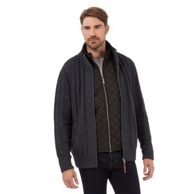 Big and tall dark grey textured cardigan and black patterned gilet